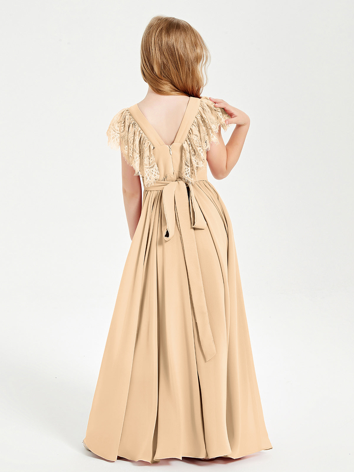 Chiffon Junior Bridesmaid Dresses with Lace Flutter Sleeves Peach